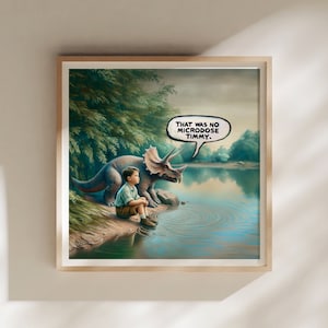 Grappige triceratops en jongen pastelschilderij, humoristische muurkunst (digitale download)