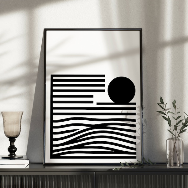 Minimalist Sunset Art Print, Black and White, Modern Decor (Digital Download)