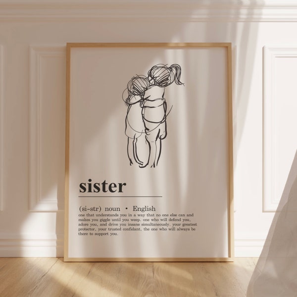 Sister - Noun - Line Art and Text - Together Again - Sisters Line Drawing, Best Friends Line Art, Black & White, Continuous Line Art Drawing