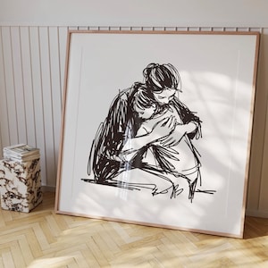 Mother and Child Hug Line Art Printable, A Mother&#39;s Love Digital Sketch, Emotional Family Wall Art, Instant Download Ink Drawing