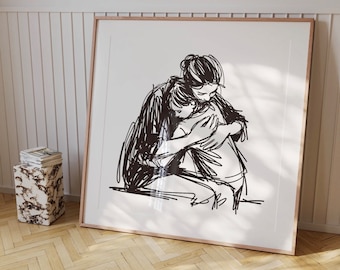Mother and Child Ink Sketch Printable, Family Love Wall Art (Digital Download)