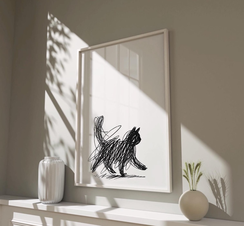 Scribble Cat Wall Art Print, Minimalist Line Drawing Poster, Playful ...