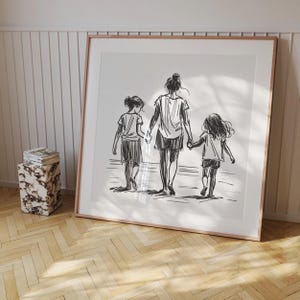Mère et filles marchant sur la plage - dessin au trait simple, lien familial, téléchargement numérique noir et blanc, impression de la maternité