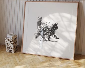 Scribble Cat Art Print, Minimalist Black and White Wall Decor