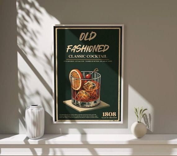 Vintage Old Fashioned Cocktail Art Print, Retro Bar Decor (Digital Download)