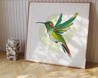 Hummingbird Line Art Print, Colorful Bird Illustration (Digital Download)