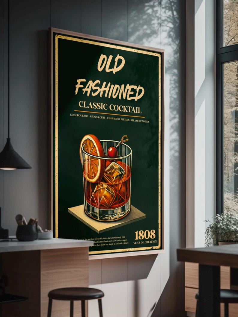 May include: A vintage-style poster with a green background featuring a glass of Old Fashioned cocktail with ice, an orange slice, and a cherry. The text reads "Old Fashioned Classic Cocktail" and "1808 Year of Creation".