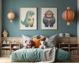 Baby Godzilla & Baby Kong Nursery Prints, Digital Download, Cute Baby Monsters Art, Kids Room Decor, Instant Download, Playroom Prints