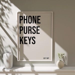 Telefon, Portfel, Przypomnienie o Kluczach Sztuka Ścienna, Wydruk Cyfrowy, Minimalistyczna Typografia, Wystrój Domu, Natychmiastowe Pobieranie, Praktyczna Sztuka Domowa