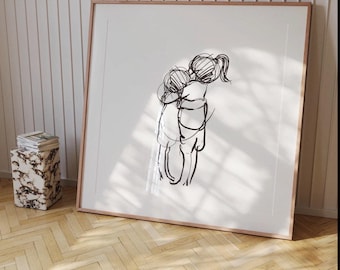 Sister Hug Physical Art Print, Minimalist Black and White Sister Wall Art