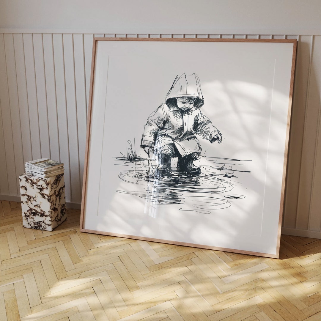 Rainy Play Child Puddly Splash Sketch - Etsy