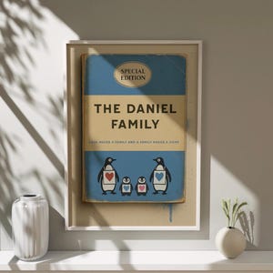 Personalised Penguin Family Book Cover Print, Custom Name Wall Art, Digital Download A4 A3, New Home Nursery Gift, Family Poster
