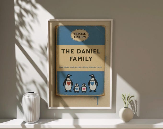 Personalised Penguin Family Book Cover Print, Custom Nursery Wall Art (Digital Download)