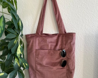 Handmade rosa Cord Shopper Beutel | Handtasche | Totebag | Einkaufstasche | Stofftasche | Schultertasche mit Reißverschluss und Innentasche