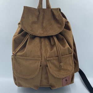 Handmade Cord Rucksack Damen Rucksack Bagpack mit Innentasche und Außentaschen handgenäht handgemacht Geschenk Braun