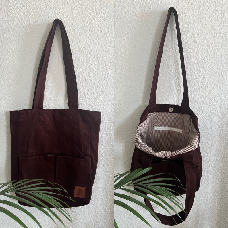 Handmade Shopper Handtasche Damen Canvas Einkaufstasche Totebag Stofftasche mit Innentasche Geschenk Damen und Herren unisex Braun