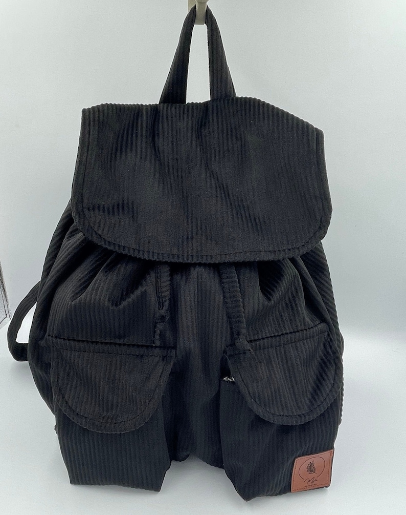 Handmade Cord Rucksack Damen Rucksack Bagpack mit Innentasche und Außentaschen handgenäht handgemacht Geschenk Schwarz