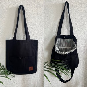 Handmade Shopper Handtasche Damen Canvas Einkaufstasche Totebag Stofftasche mit Innentasche Geschenk Damen und Herren unisex Schwarz