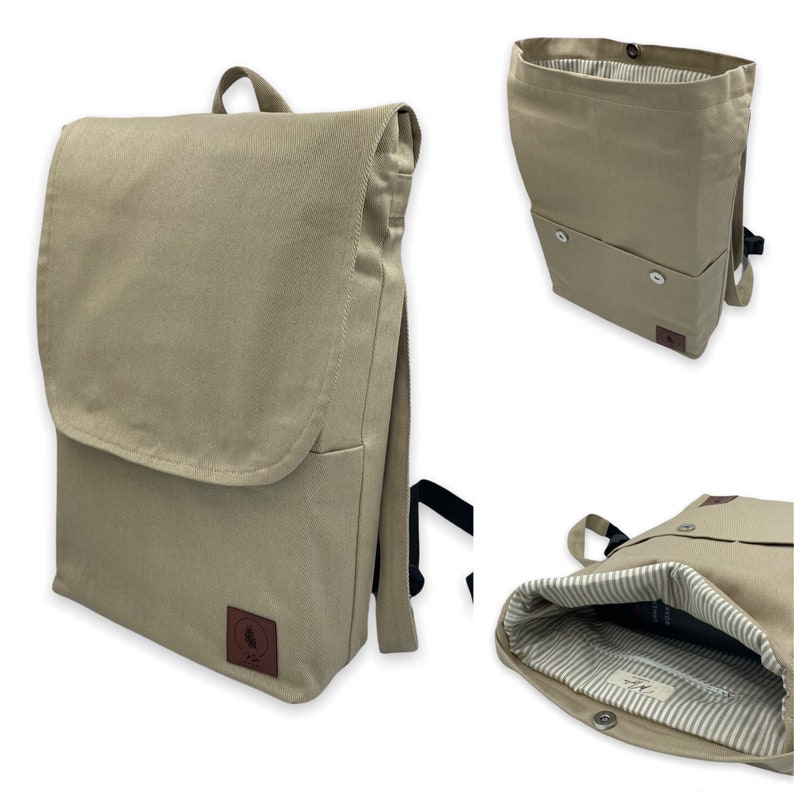 Handmade Rucksack Canvastasche Damen und Herren mit Innentasche und Vordertasche handgenäht Geschenk Beige