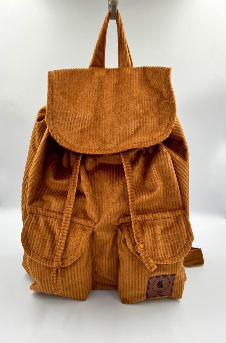 Handmade Cord Rucksack Damen Rucksack Bagpack mit Innentasche und Außentaschen handgenäht handgemacht Geschenk Ocker