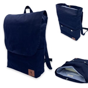 Handmade Rucksack Canvastasche Damen und Herren mit Innentasche und Vordertasche handgenäht Geschenk Blau