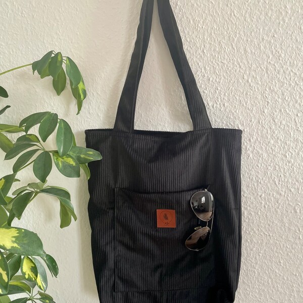 Handmade schwarz Cord Shopper Beutel | Handtasche | Totebag | Einkaufstasche Stofftasche | Schultertasche mit Reißverschluss und Innentasche
