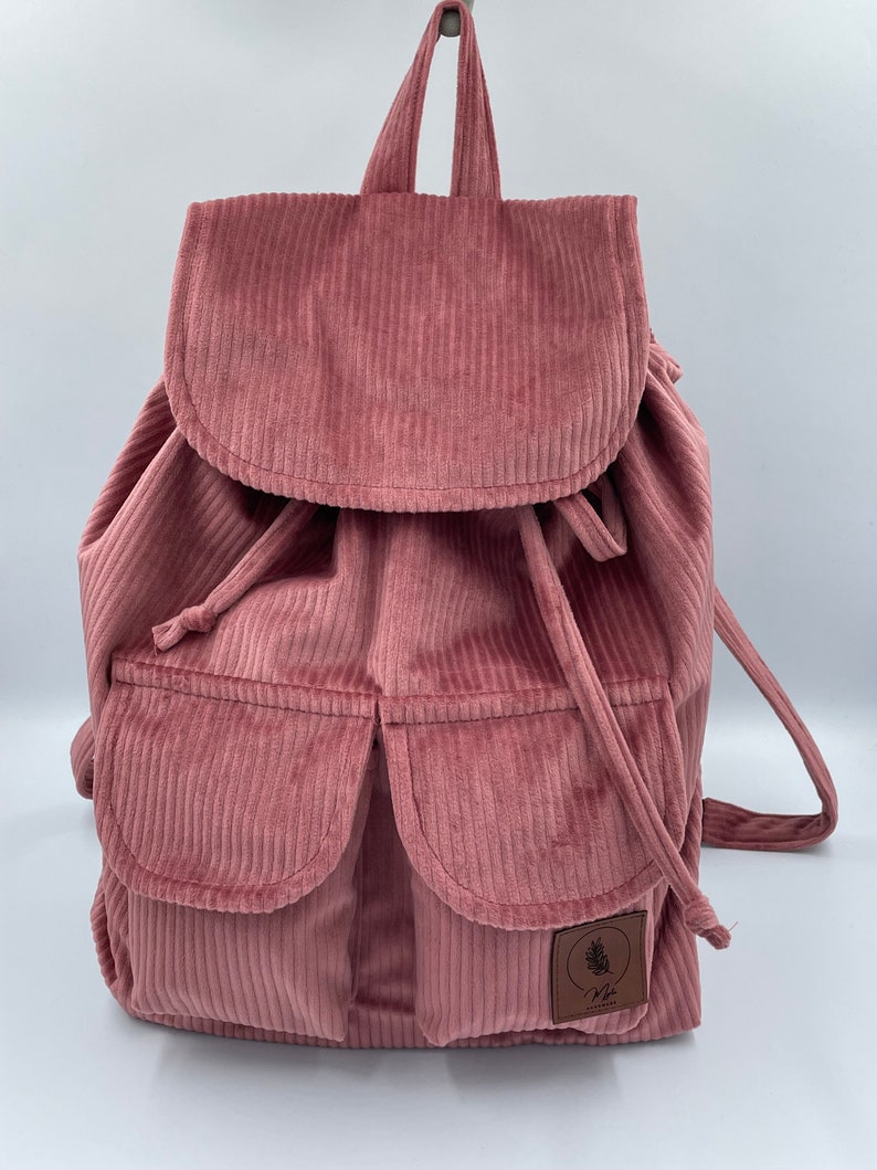 Handmade Cord Rucksack Damen Rucksack Bagpack mit Innentasche und Außentaschen handgenäht handgemacht Geschenk Puder