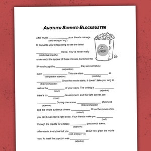 Mad Libs-Style Summer Word Game | &quot;Another Summer Blockbuster&quot; | PRINTABLE | Movie Night, Office Party | Teens, Adults