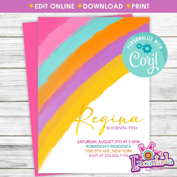 Editable Rainbow Birthday Invitation Watercolor Invitation Etsy