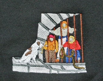 May include: Embroidered design of four people and a dog in a cage. The people are wearing colorful clothing and the dog is white with brown spots.
