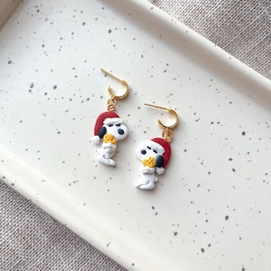 Snoopy and Woodstock Earrings | Snoopy Christmas | Handmade Clay Earrings | Festive Jewelry | That Tiny Artist