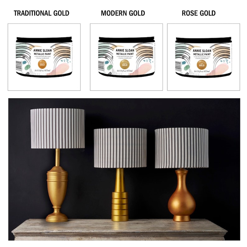 May include: Three bottles of Annie Sloan Metallic Paint in Traditional Gold, Modern Gold, and Rose Gold. Each bottle is 1/2 pint (142 ml) and features a gold label with the Annie Sloan logo and the words "Metallic Paint" and "Gold".