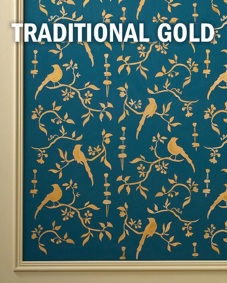 May include: A teal wall with a gold stencil pattern of birds and branches. The text "TRADITIONAL GOLD" is at the top of the image.
