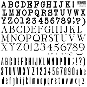 May include: A black and white image of a font set with uppercase and lowercase letters, numbers, and punctuation marks. The font is a classic serif style with a vintage letterpress look.