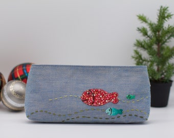 Embroidered Pencil Zipper Pouch, Cosmetic Zipper Bag, Make-Up Bag