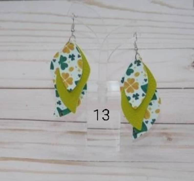 St Patrick/'s Day Triple Layered Faux Leather Dangle Earrings