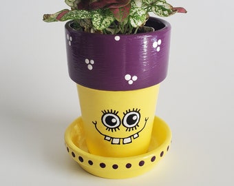 Purple and Yellow Happy Face Flower Pot 3"