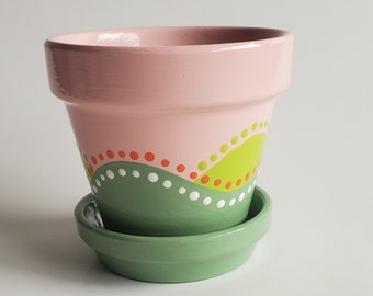 Small Pink and Green Waves Flower Pot Planter Hand Painted 3.75"