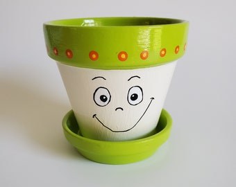 Small Lime Green Orange and Cream  Happy Face Flower Pot Planter Hand Painted 3.75"