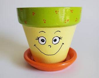 Small Yellow, Lime Green and Orange Happy Face Flower Pot Planter Hand Painted 3.75"