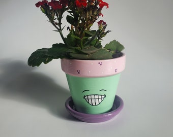 Pequeña menta verde y rosa feliz cara flor maceta plantado pintado a mano 3.75"