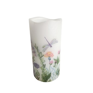Flowers and Dragonflies LED Flameless Wax Pillar Candle