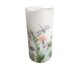 Flowers and Dragonflies LED Flameless Wax Pillar Candle