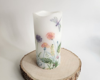 Flowers and Dragonflies LED Flameless Wax Pillar Candle