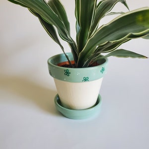 Small Cream and Mint Green Flower Pot Planter Hand Painted 3.75&quot;