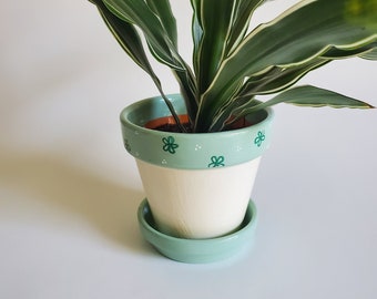 Small Cream and Mint Green Flower Pot Planter Hand Painted 3.75"