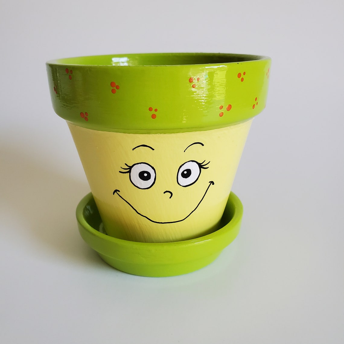 Small Yellow, Lime Green and Orange Happy Face Flower Pot Planter Hand