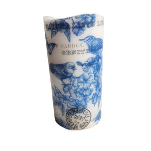 Vintage Blue and White Birds and Flowers LED Flameless Wax Pillar Candle