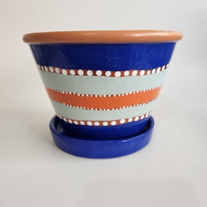 Blue Green and Orange Striped Flower Pot Planter 6.5&quot;