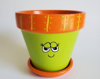Happy Face Plantaer Color Verde Lima y Flor De Naranja 4.5"